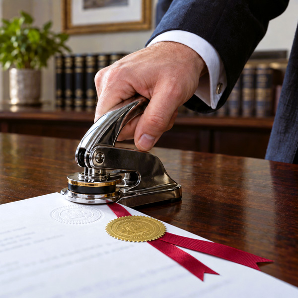 Notary public embossing and sealing a document
